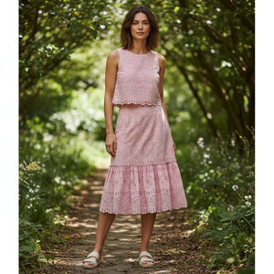 loft eyelet cotton skirt set blush pink Sz L or 12
